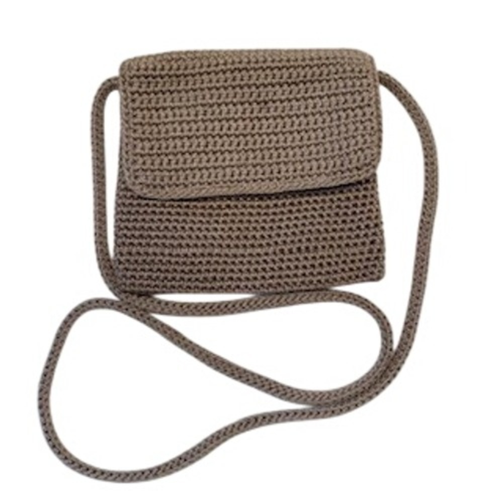 The Sak Crochet Crossbody Bag Taupe Brown Knit Flap Small Shoulder Bag